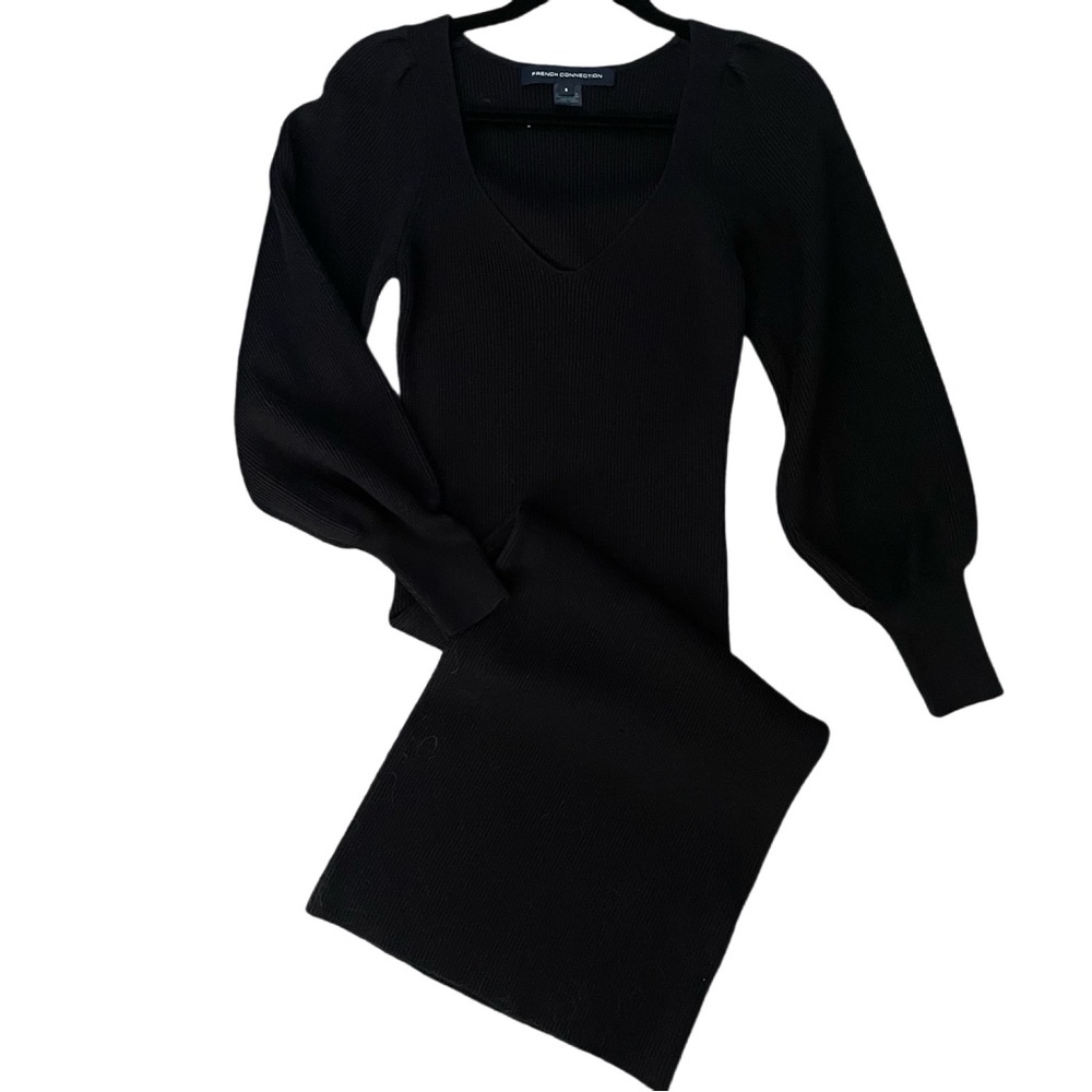 French Connection Black Long Sleeve V Neck Midi Sweater Dress Sz: S Small